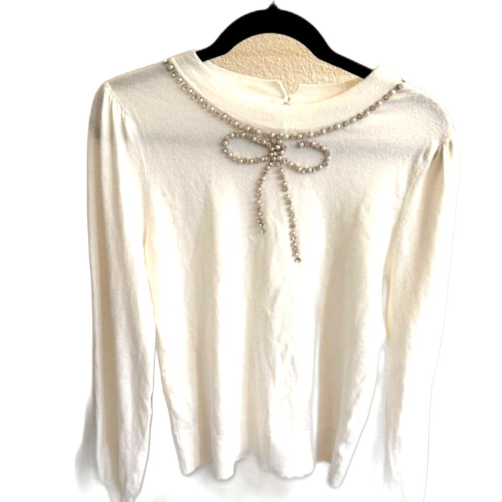 Liz Claiborne Embellished Bow Sweater Pearl Rhinestone Neckline XS
